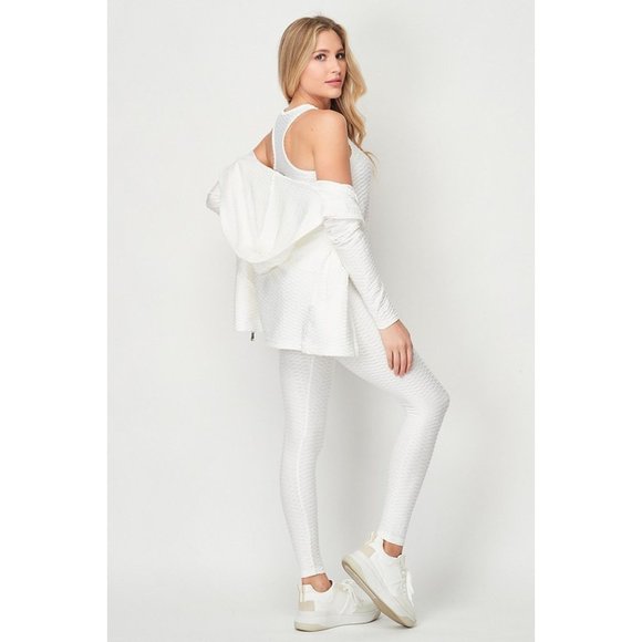 3 Pcs Activewear Yoga Set Gym Workout Textured Hoodie Top and Leggings Outfit - Picture 9 of 10